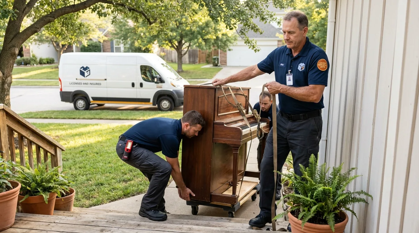 Licensed piano movers securing grand piano in Rotonda West, FL