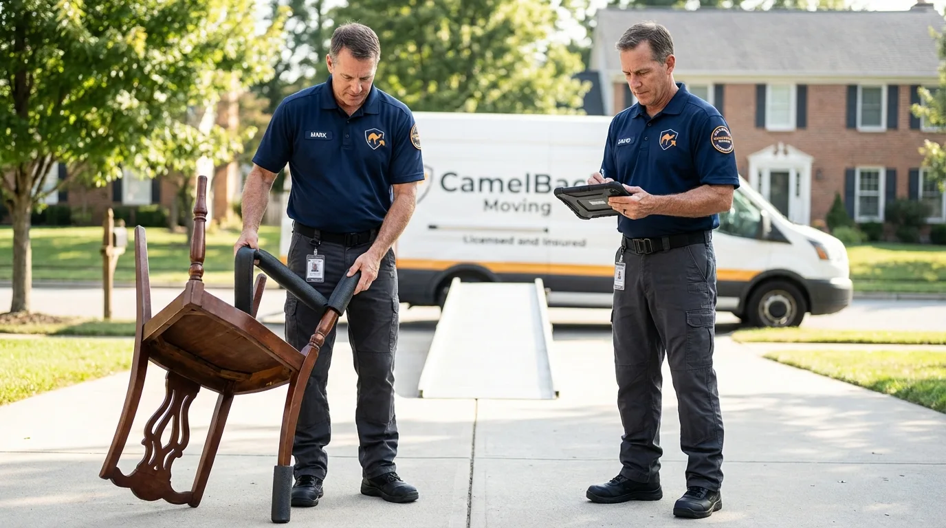Movers inspecting furniture for damage prevention before loading in Rotonda West, FL