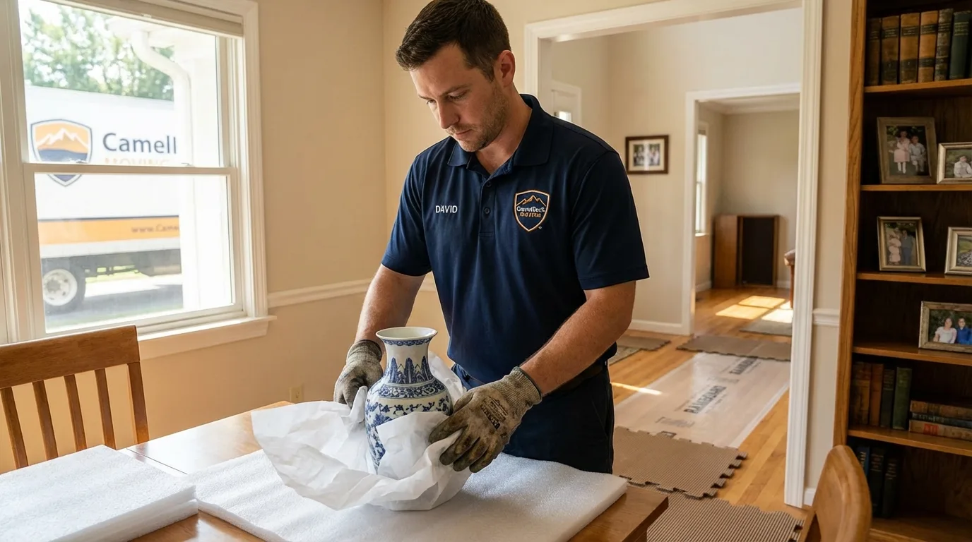 Professional crew carefully wrapping antique vase for senior downsizing move in Rotonda West, FL